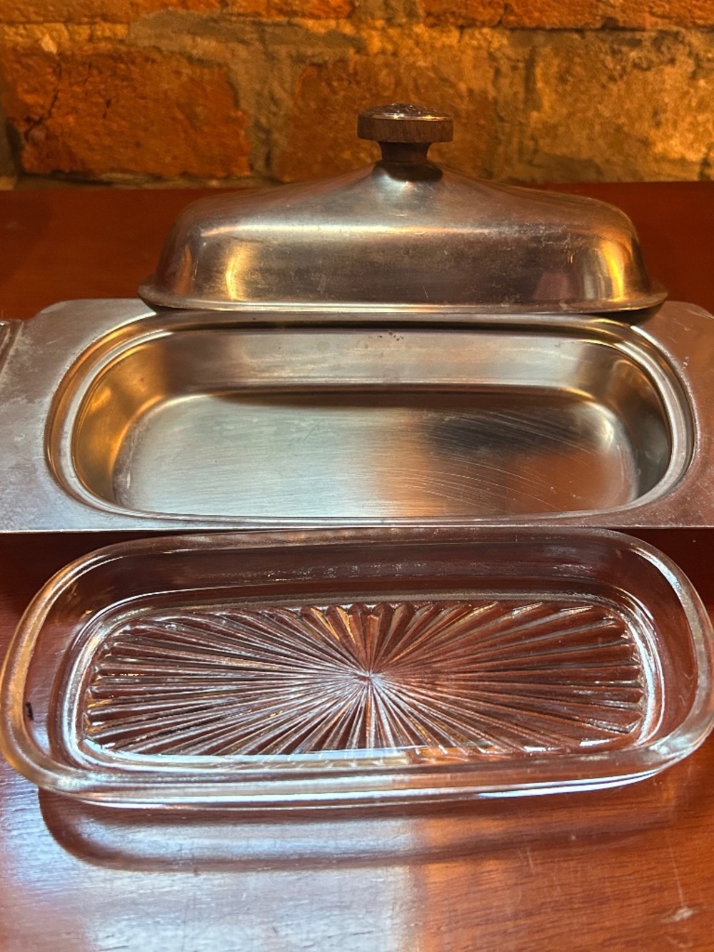 Old metal & glass butter serving dish set
